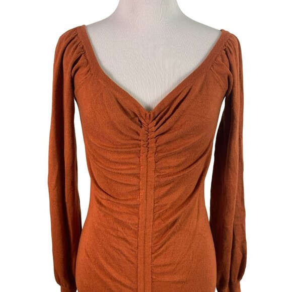 🟣🟣🟣 FOREVER 21 Women's Size Medium Burnt Orange Puff Sleeve Rouched Tie Fitte - Picture 3 of 10